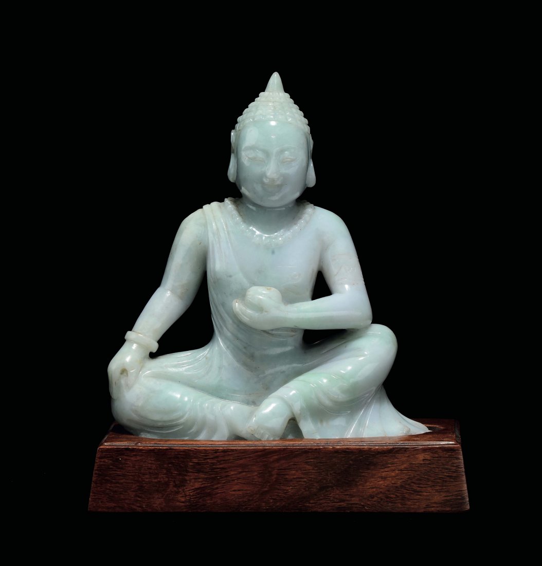 A jadeite figure of Buddha with cup, China, 20th (1 of 3)