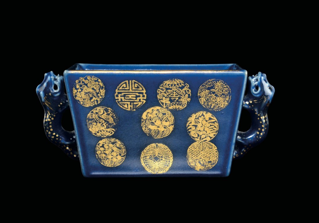 A blue-ground porcelain censer with animal handles and (1 of 7)