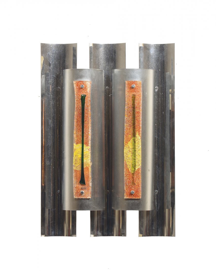 Angelo Brotto,: Pannello luminoso mod. Armido in acciaio e vetro di Murano lavorato a mano. Prod. Esperia, Italia, 1970 ca. cm 71x48,5x12,5, Bibliografia: Catalogo Esperia.