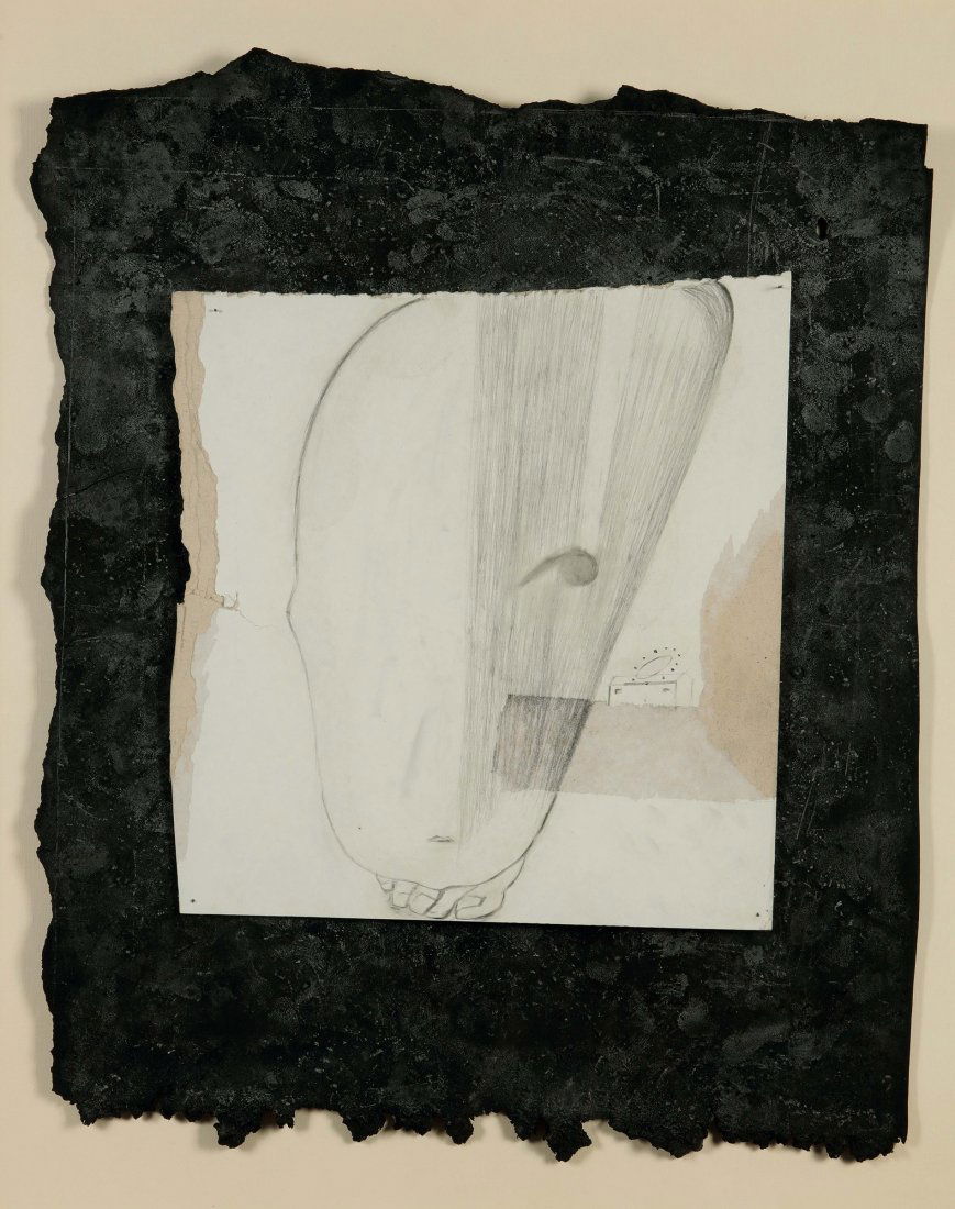 Enzo Cucchi (1949), Senza titolo, 1993: tecnica mista su cartone e carta catramata, cm 57x47 Autentica su fotografia dell'artista Etichetta al retro della Galleria Bagnai, Foiano della Chiana, Arezzo Etichetta e timbro al retro della Galler