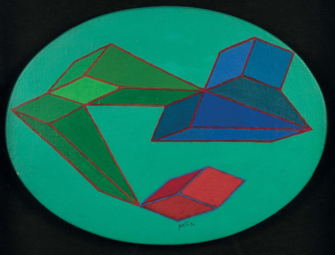 Achille Perilli (1927), Lepide cuccagne, 1994: tecnica mista su tela, cm 29,5x39,5 firmato e datato in basso al centro firmato, datato e intitolato al retro Autentica su fotografia dell'artista in data 2 luglio 1997, Provenienza: Aurelio Stefanini