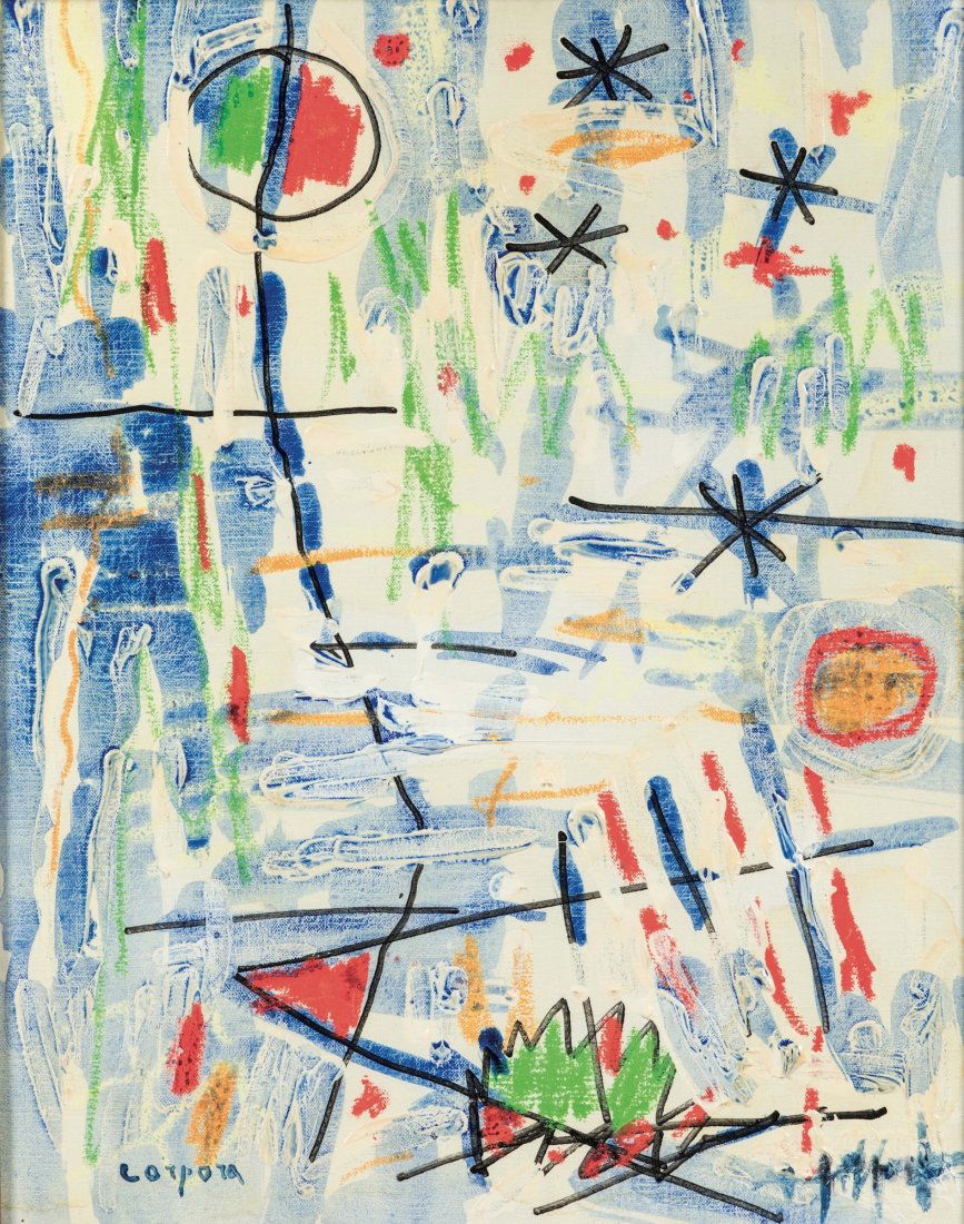 Antonio Corpora (1909-2004), Le stelle smeraldo, 1997: acrilico su tela, cm 50x40 firmato in basso a sinistra firmato e intitolato al retro Autentica su fotografia dell'artista, in data 5 febbraio 1997, Provenienza: Galleria Giovanni di Summa, Roma