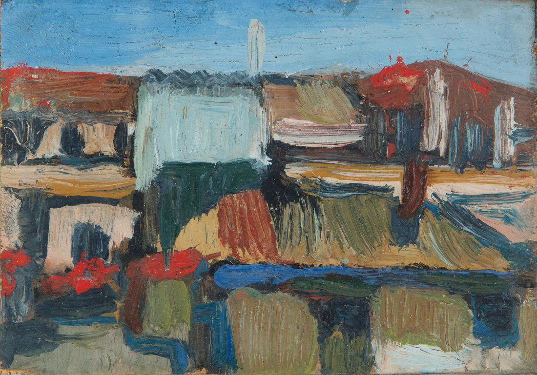 Giulio Turcato (1912-1995), CittÃ : olio su compensato, cm 8x11,5 Etichetta al retro della Galleria Annunciata, Milano Provenienza: Collezione Zavattini Galleria Annunciata, Milano
