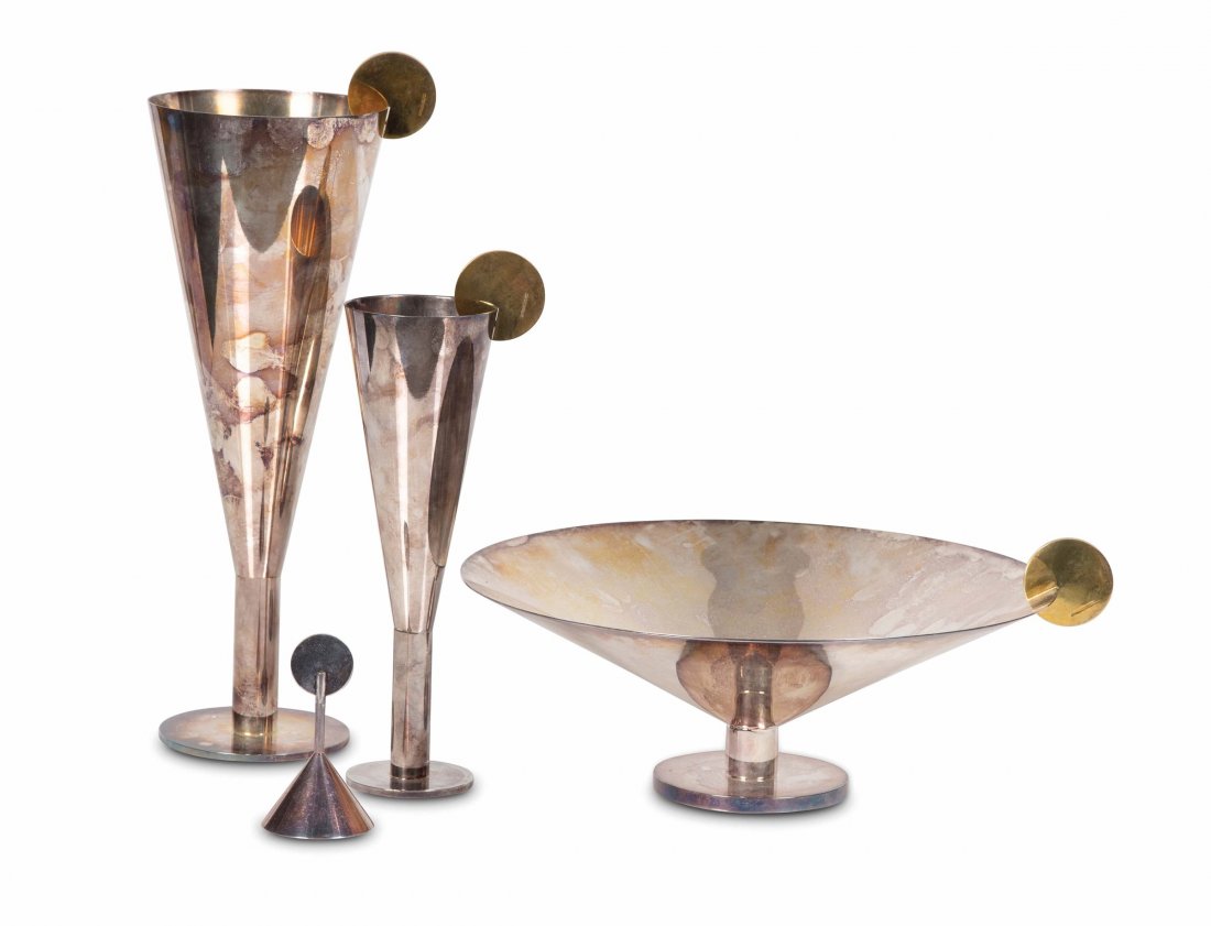 Ambrogio Pozzi (1031-2012), circa 1980: Four sheffield and gilt-brass objects. Height of the vases 33 cm and 34 cm. Diameter of the bowl 30 cm. Bell 10 cm. Marks impressed.
