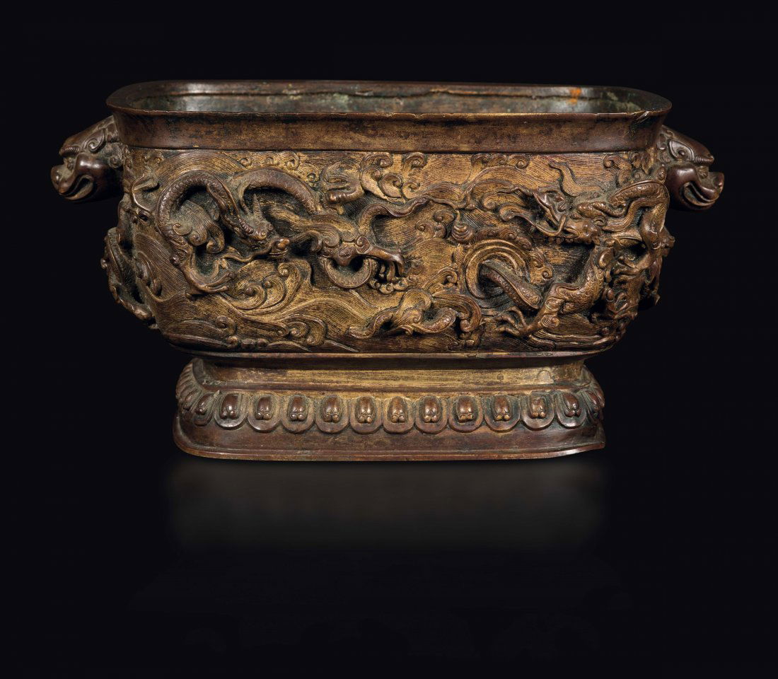 A bronze censer with dragons in relief, China, Qing (1 of 2)