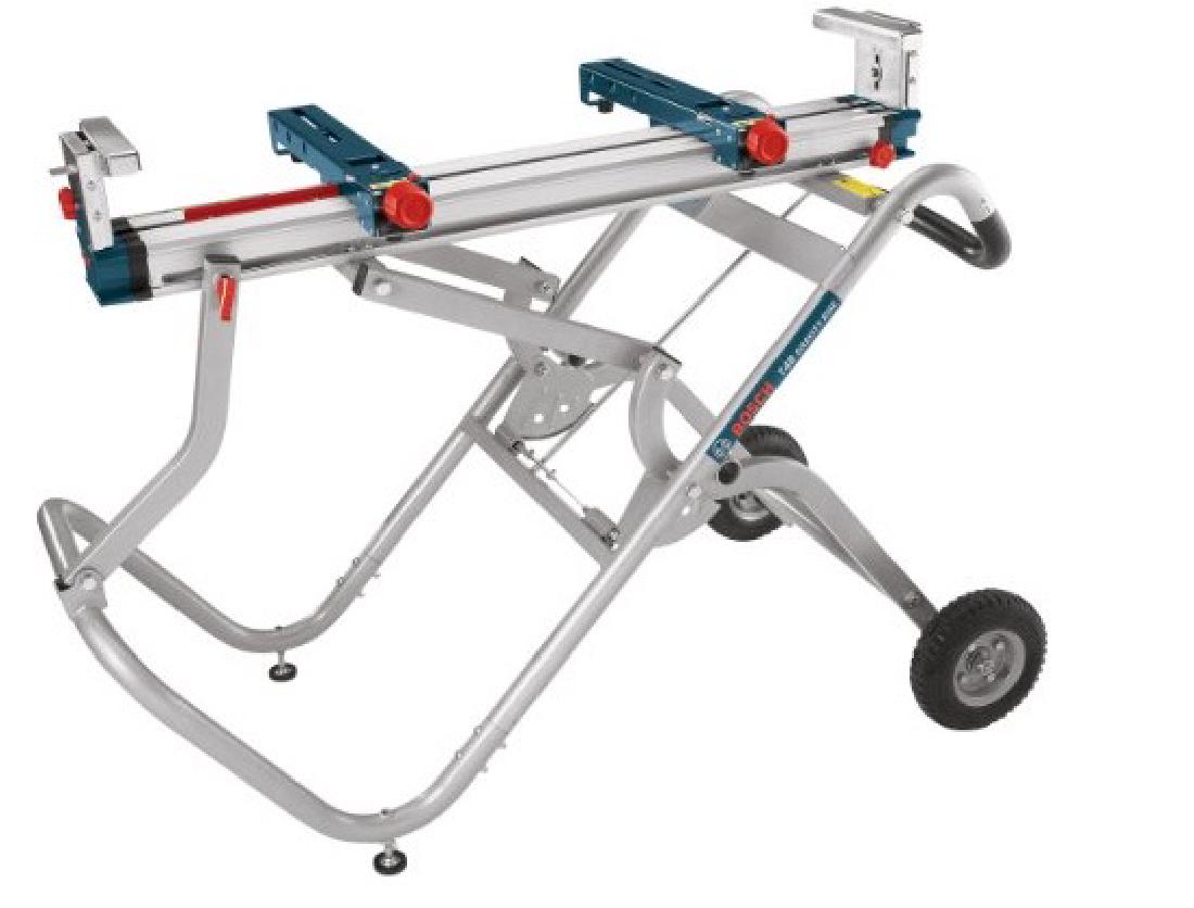 BOSCH PORTABLE WHEELED MITER SAW STAND: BOSCH PORTABLE GRAVITY-RISE WHEELED MITER SAW STAND Model T4B. Box has damage only. ADJUSTABLE: Featuring a Bosch-exclusive, patented Gravity Rise System designed for