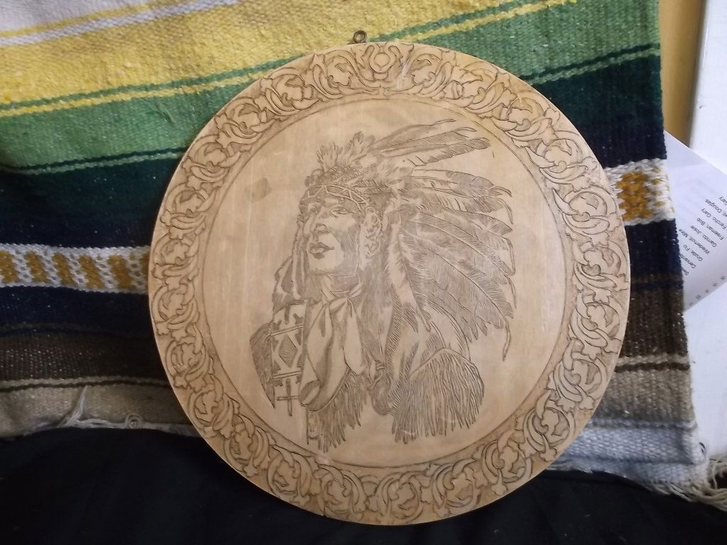 Antique Collectible 1908 Pyrography: Native American Chief Image Signed and written to ’Mama” Dec. 1908. 14" All sizes approximate