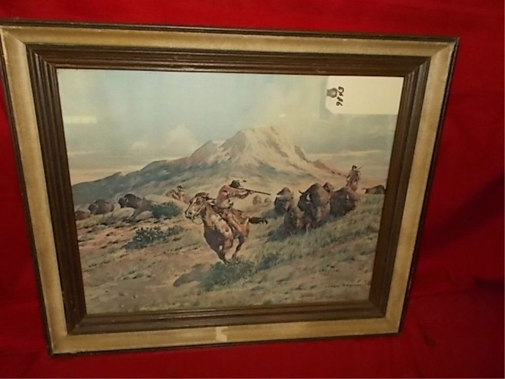 1960'S Signed Lloyd Harting Buffalo Hunt Print: approx 24" x 20" Artist 1901-1974