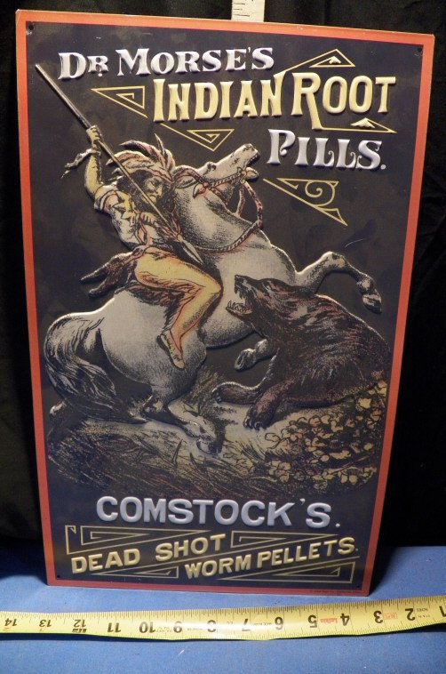 Dr. Morse's Tin Advertising Sign: Dr. Morse's Indian Root Pills (Dead Shot Worm Pellets) sign approx size 16" x 10"