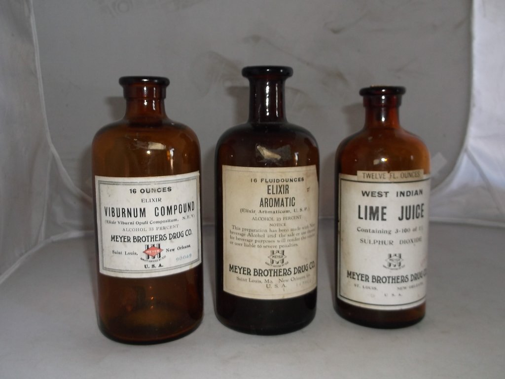 3 Antique Medicine Bottles: Viburnum Compound, West Indian Lime Juice & Elixir Aromatic by Meyer Brothers Drug Co. Saint Louis Mo. & New Orleans La.