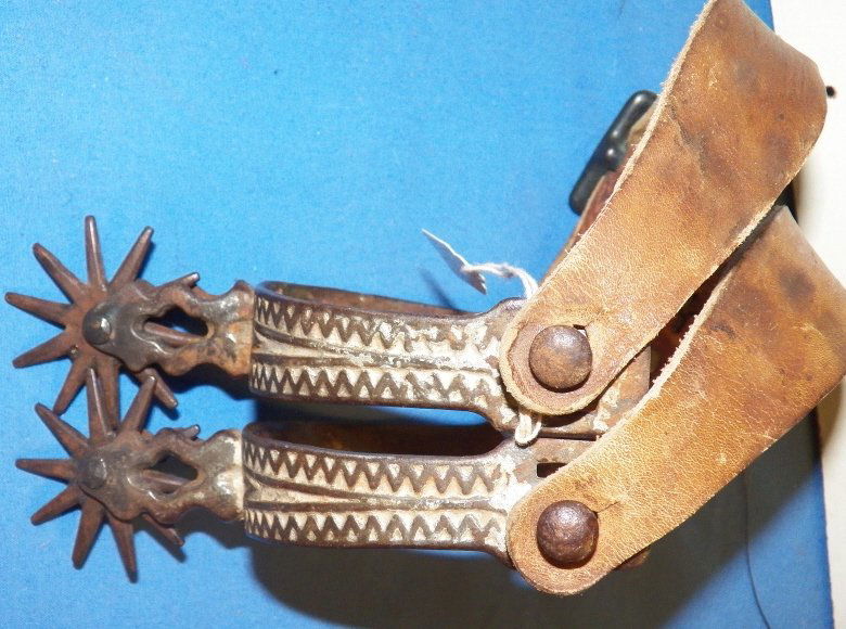 Early Buermann Spurs: 10 Point Rowel Ranger Buermann Spurs with Straps