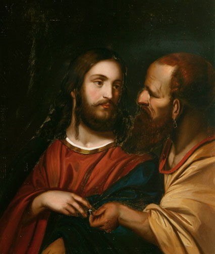 19TH CENTURY GERMAN SCHOOL (After Titian): 19TH CENTURY GERMAN SCHOOL (After Titian). The Tribute Money. Oil on tin with German label on reverse – Unframed 11 ¼ in. x 9 ½ in. (28.6 cm. x 24.1 cm.)