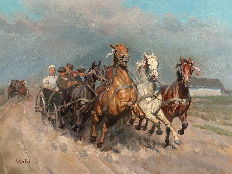 JANOS VISKI (Hung., b. 1891) Horse Drawn: JANOS VISKI (Hung., b. 1891) Horse Drawn Wagon, signed "Viski J." l.l. Oil on canvas - 23-3/4 in. x 31-3/4 in. (60.3 cm x 80.6 cm)