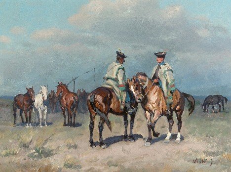 JANOS VISKI (Hung., b. 1891) Painting: JANOS VISKI (Hung., b. 1891) Horseman with Herd, signed "Viski J." l.r. Oil on canvas - 24 in. x 31-3/4 in. (61 cm x 80.6 cm)