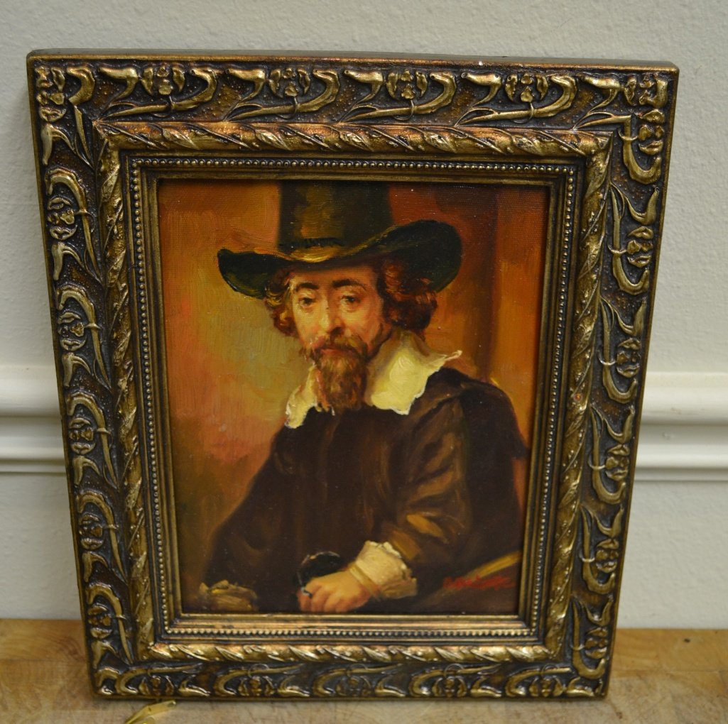 Decorative French Painting: Decorative French Painting. Formally dressed man in the style of Rembrandt in ornate gold frame.