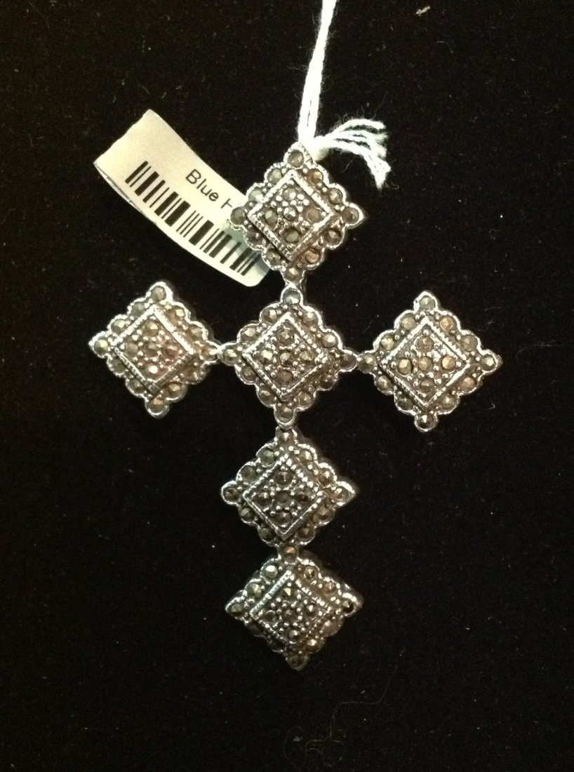 Marcasite Cross Pendant in Sterling Silver: Marcasite cross pendant in sterling silver. Measures 2.5" x 1.75", #42