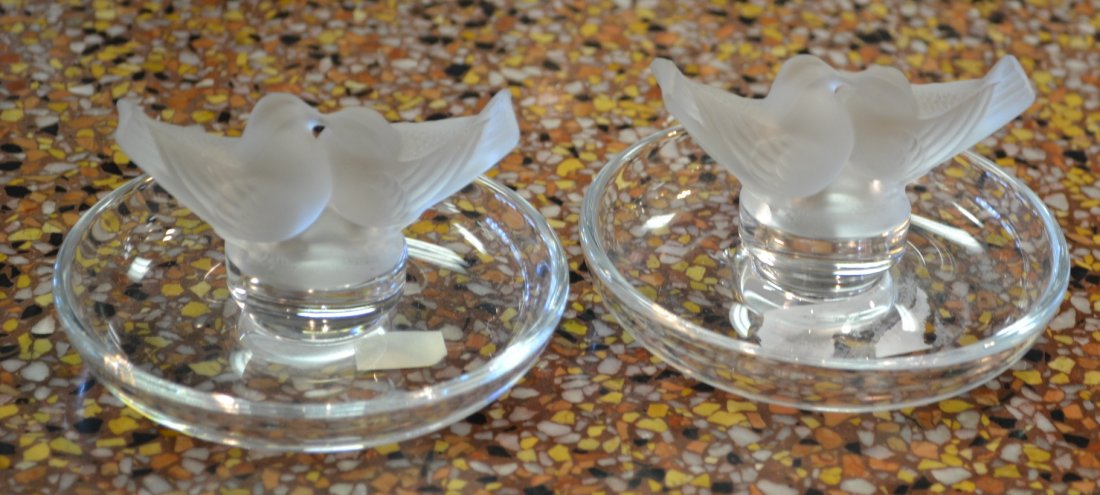 Pair of Lalique Lovebird Ring Holders: Pair of Lalique lovebird ring holders. 4"x3". Signed on bottom.