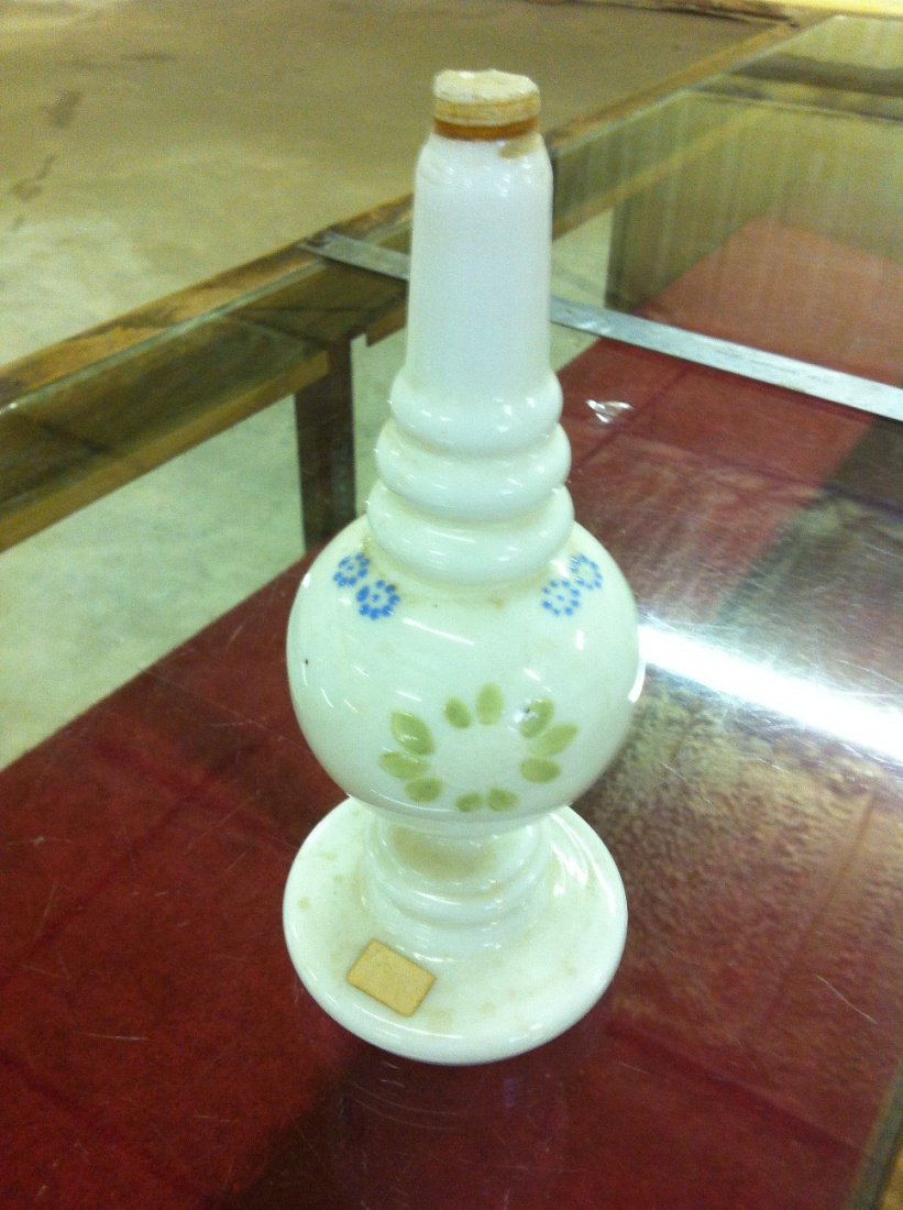 Milk Glass Middle Eastern Perfume Bottle: Milk glass Middle Eastern perfume bottle. 9"x3.5", early 20th c.