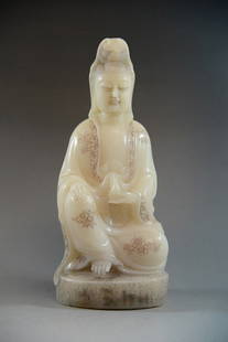 CHINESE SHOU STONE GUANYIN: Chinese Shou stone Guanyin 9.25" H