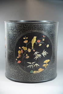 CHINESE ZITAN MOSAIC CARVING BRUSH POT: CHINESE ZITAN MOSAIC CARVING BRUSH POT, Bush pot surrounded with silverware figure and nature view made out of different crystals Dimension: 9.75" H X 9.5" W