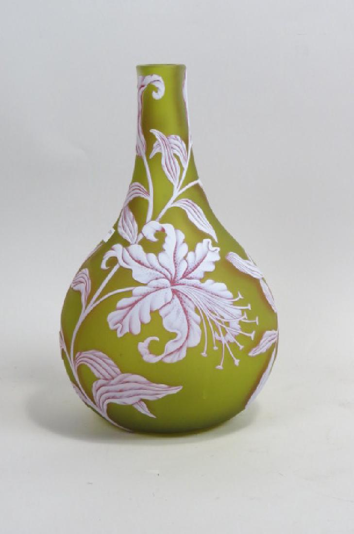 Webb Cameo Art Glass Vase,: Webb Cameo Art Glass Vase, scarce triple color, white over red hibiscus type floral decor on yellow-green satin background, 13" tall, unsigned....Vase attributed to Thomas Webb & Sons, circa 1890Wikim