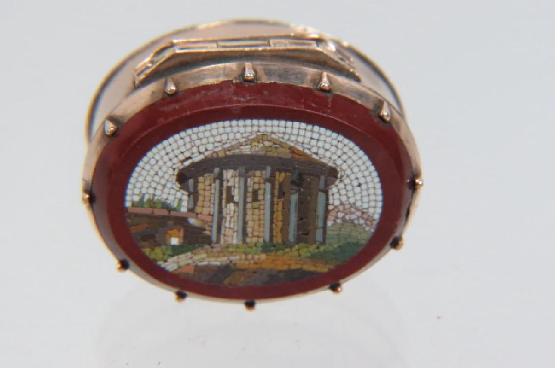 Gold Micro Mosaic Vinaigrette Box, Architectural: Gold Micro Mosaic Vinaigrette Box, Architectural Roman style building, 19th century, rose gold, test 14K, 1 1/16th X 7/8", 14 grams, rare. antique vinaigrettes are small decorative boxes that were use