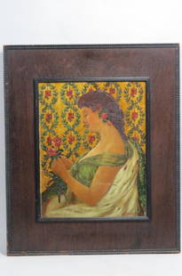 James W. Fosdick, oil & pyrography, Maiden: J.W. Fosdick, oil & pyrography, Maiden among the roses, listed artist 1859-1937, this one signed and dated 1903, image area 12" X 15". James William Fosdick was active/lived in New York, Massachusetts