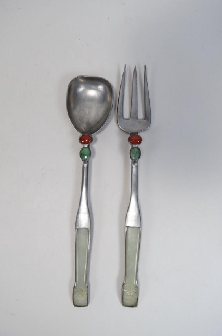 Chinese Carved Jade & Pewter Serving Set, (1 of 3)