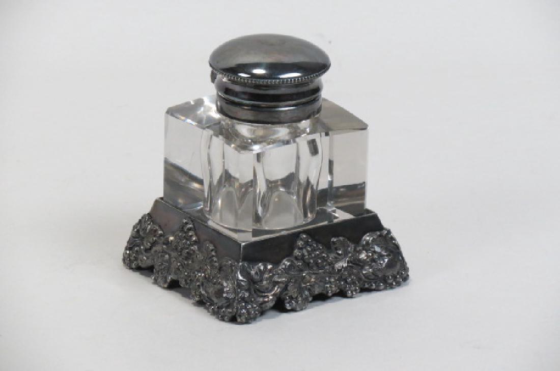 Pairpoint Silverplate & Cut Glass Inkwell,: Pairpoint Silverplate & Cut Glass Inkwell, grape & vine decor, 4", excellent.