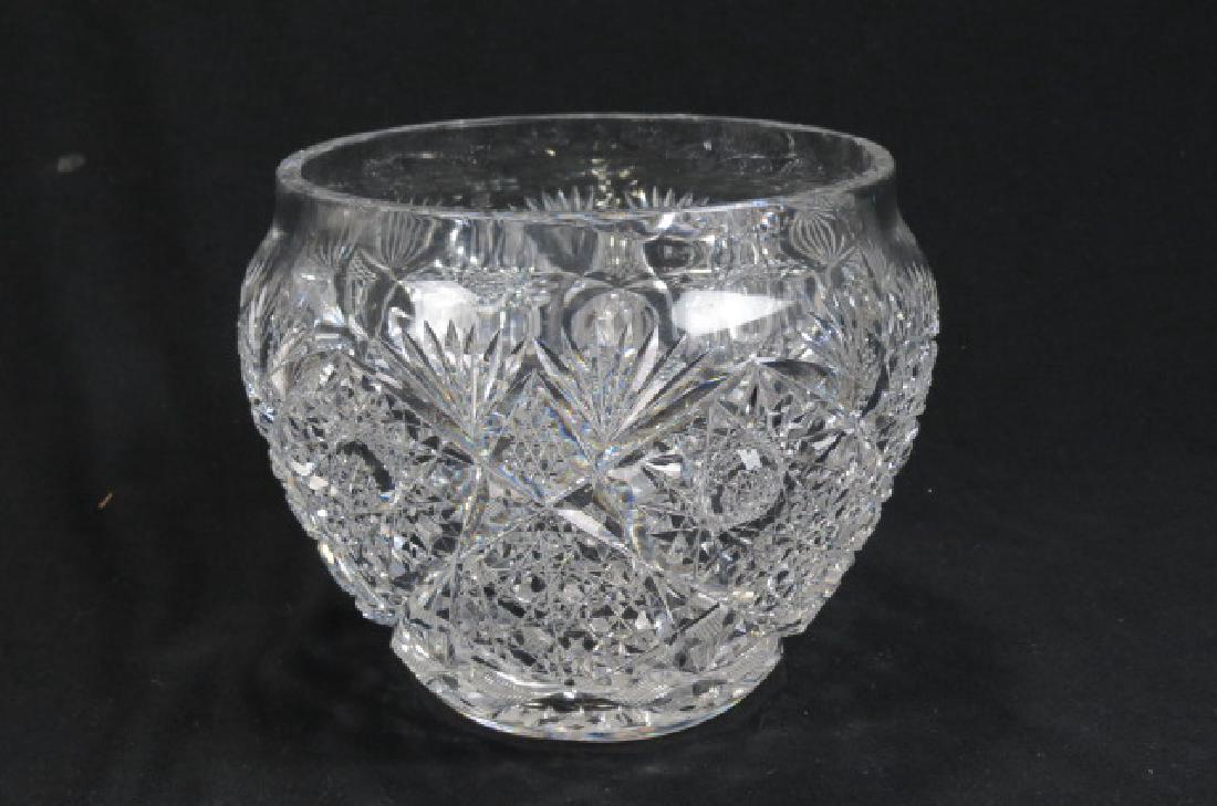 Cut Glass Jardiniere,: Cut Glass Jardiniere, brilliant period, a complex mix of hobstars, nail head, strawberry diamond & hobnail decor, 6 1/2" tall, 7 1/2" wide, scarcer form.