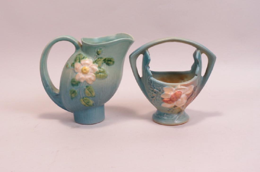 2 pcs. Roseville Pottery "Magnolia" blue basket, (1 of 5)