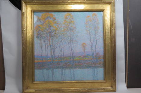 George Gustav Adomeit, oil, "River Shore",: George Gustav Adomeit, oil, "River Shore", Impressionist autumn landscape, on canvas, signed lower right, pencil signed & titled on reverse, image area 30" square, in Newcomb-Macklin Arts & Crafts fra