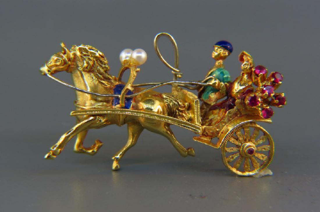 18k Gold Figural Horse & Carraige Brooch, (1 of 2)