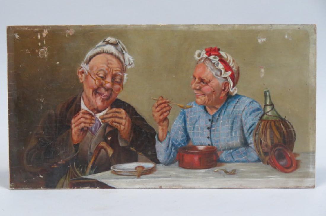 Oil Painting of a Older German Couple at the Table: Oil Painting of a Older German Couple at the Table on panel, late 19th century, 8 3/4" X 16", unframed.
