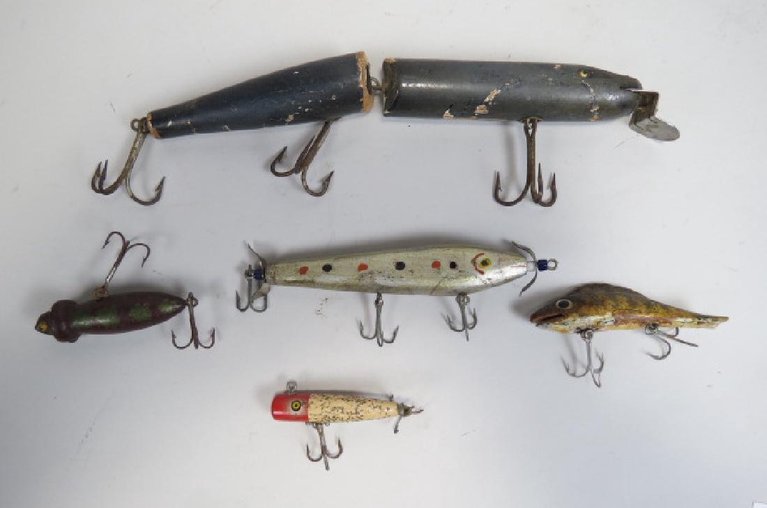 5 Antique Wooden Fishing Lures,: 5 Antique Wooden Fishing Lures, 2 1/2" to 10'.