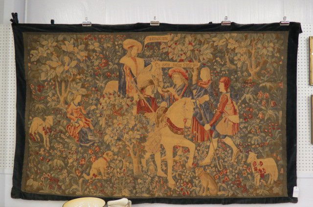 Antique Tapestry with Medieval Scene with Villagers (1 of 5)