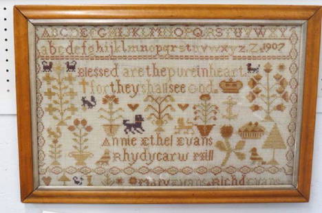 1907 Sampler,: 1907 Sampler, alphabet, pictorial and verse, Annie Ethel Evans, Rhydycarw Mills, by Mary Evans "Rich Dreams", Asheville N.C. area family, image area 16" x 26".