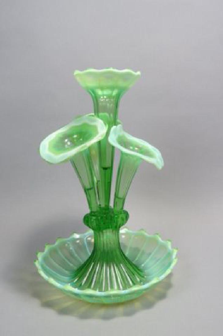 Green Opalescent Art Glass Epergne,: Green Opalescent Art Glass Epergne, four lily, 10 1/2" bowl, 16" tall.