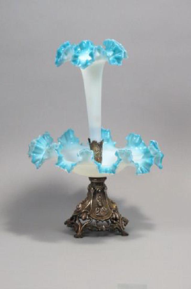 Victorian Art Glass & Silverplate Epergne,: Victorian Art Glass & Silverplate Epergne, blue and white glass bowl and lily, 14" tall.