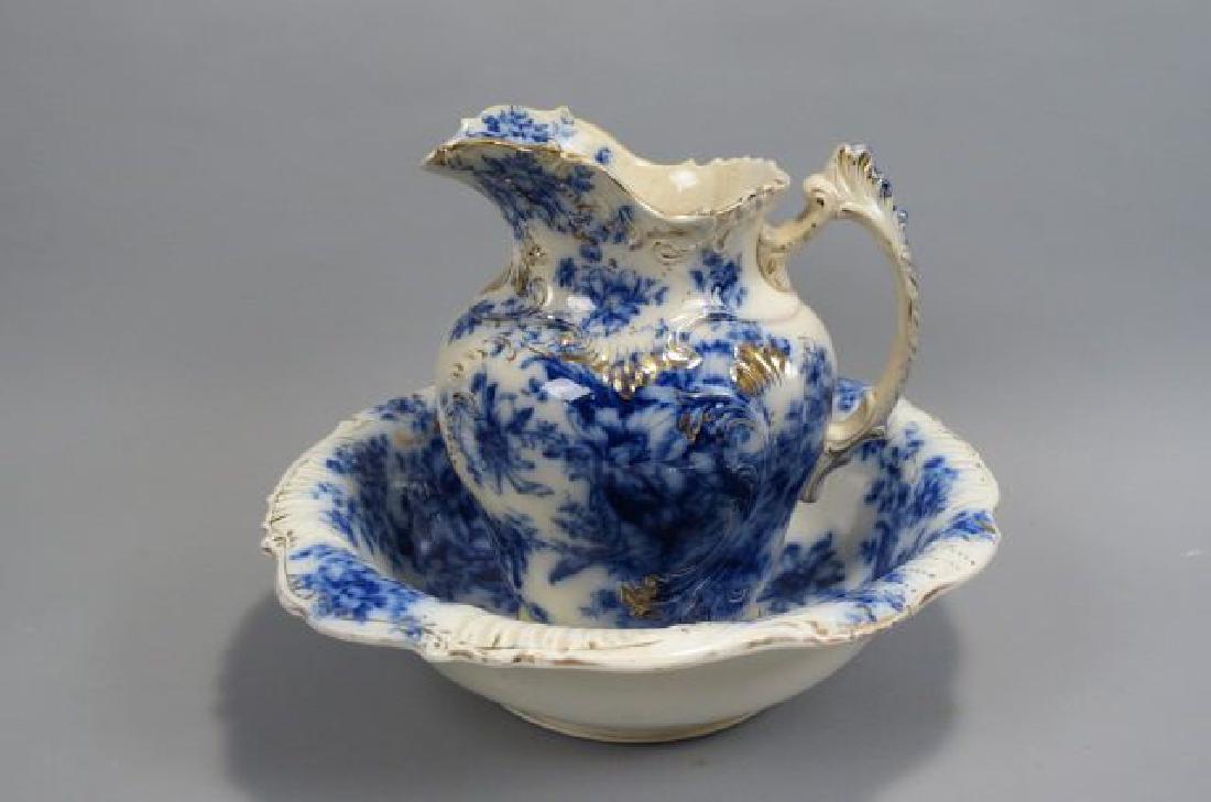 English Flow Blue Ironstone Pitcher & Bowl Set, (1 of 5)