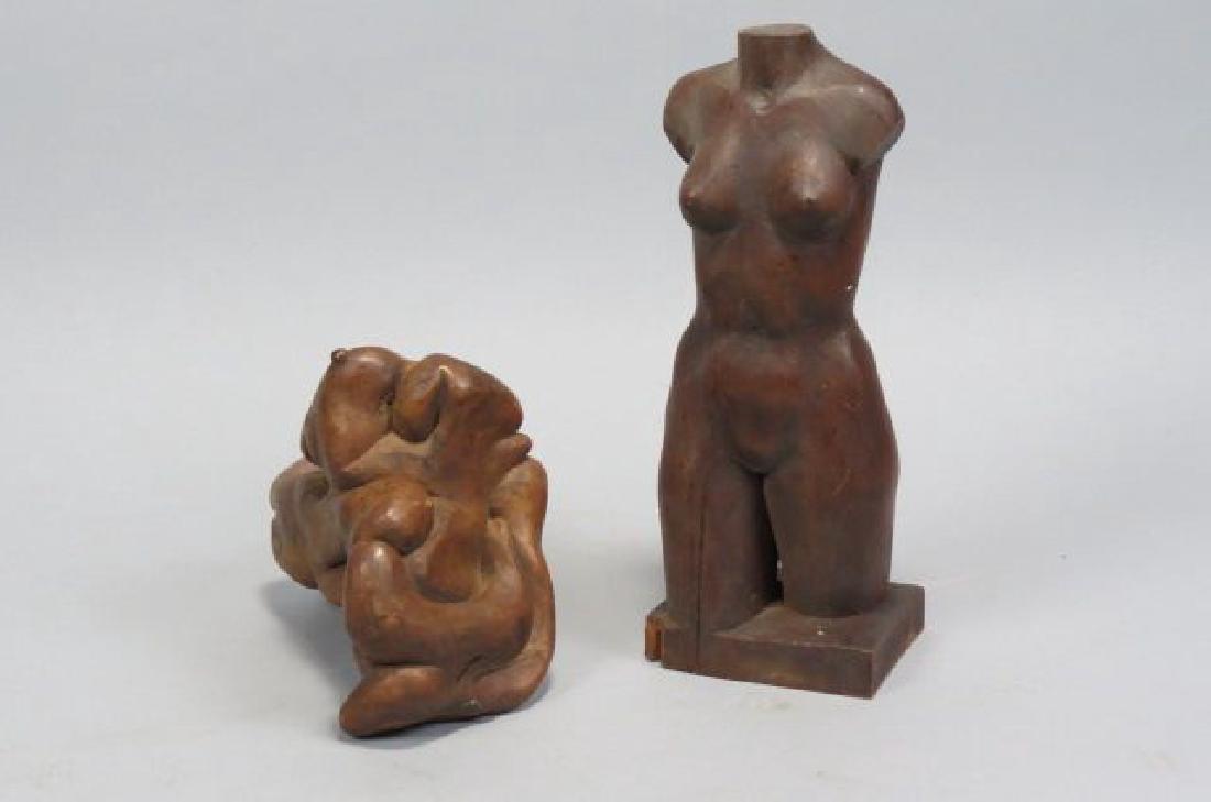 2 Vladimir Carved Wood Sculptures,: 2 Vladimir Carved Wood Sculptures, nude female torso (signed) and other, largest is 10"..Attributed to...Vladimir Cora was born in Nayarit, Mexico in 1951. He is self-taught and was able to build a re