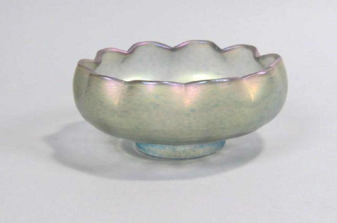 Loetz Art Glass Bowl,: Loetz Art Glass Bowl, floraform, spotted decoration, Tiffany style iridescent finsih, 6 1/2". diameter....Few glassworks have exploited the bluish-green combination of cobalt, copper and iron more suc