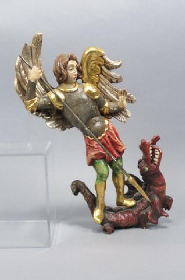 St. George Slaying the Dragon Carved Wood: St. George Slaying the Dragon Carved Wood Sculpture, colorful polychrome, 20".