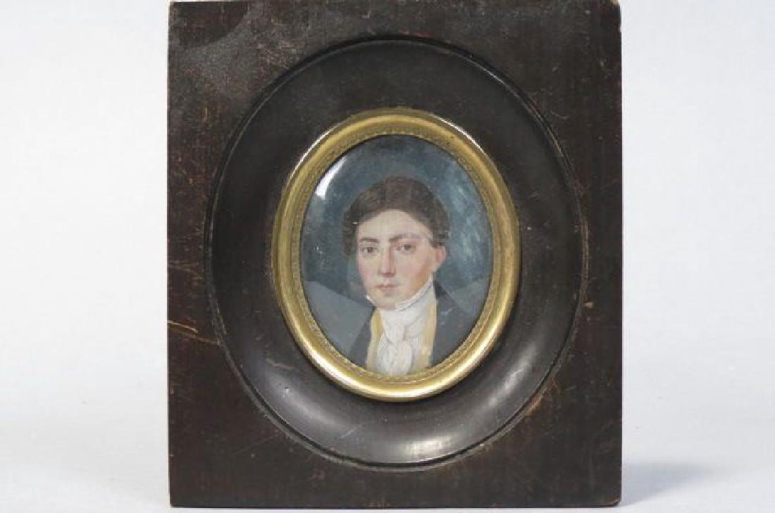 Miniature Portrait Painting of a Young Man,: Miniature Portrait Painting of a Young Man, circa 1790-1810, oval image area 2" x 2 1/2".