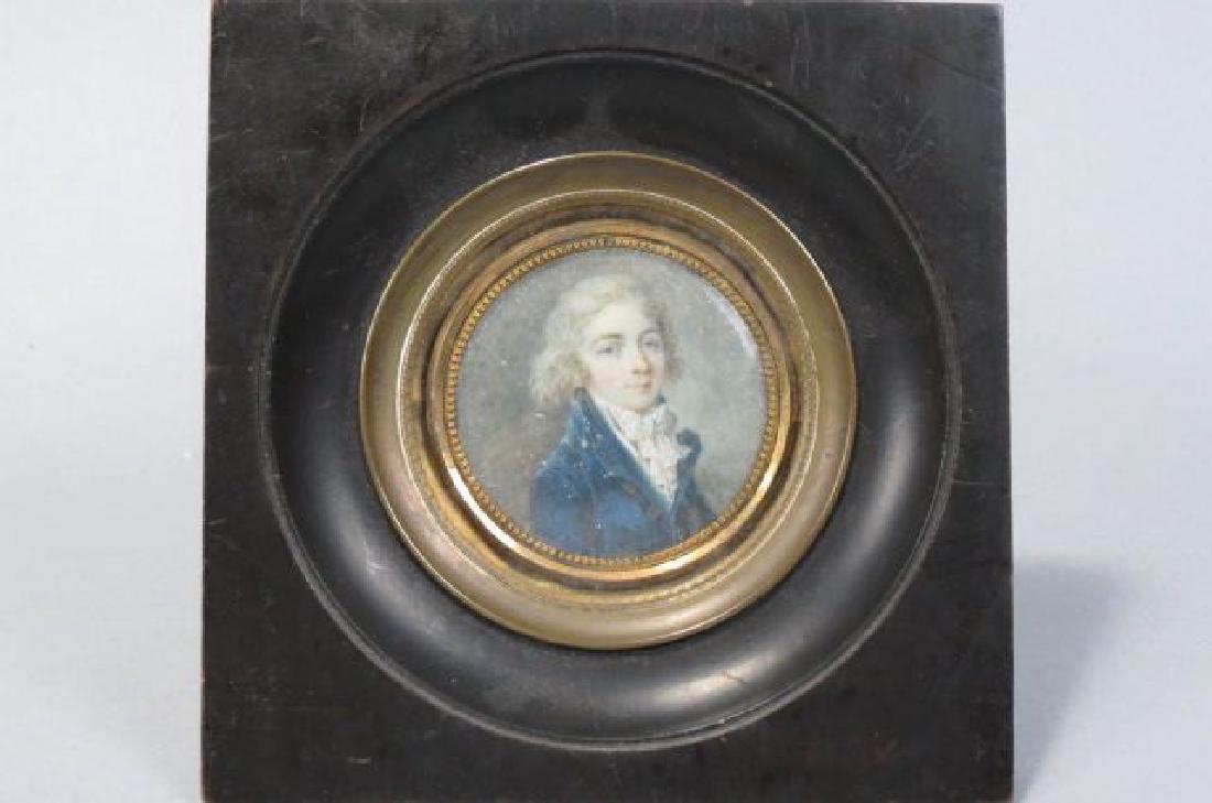 Miniature Portrait Painting of a Young Man,: Miniature Portrait Painting of a Young Man, signed, circa 1790-1810, 2 1/4" diameter.