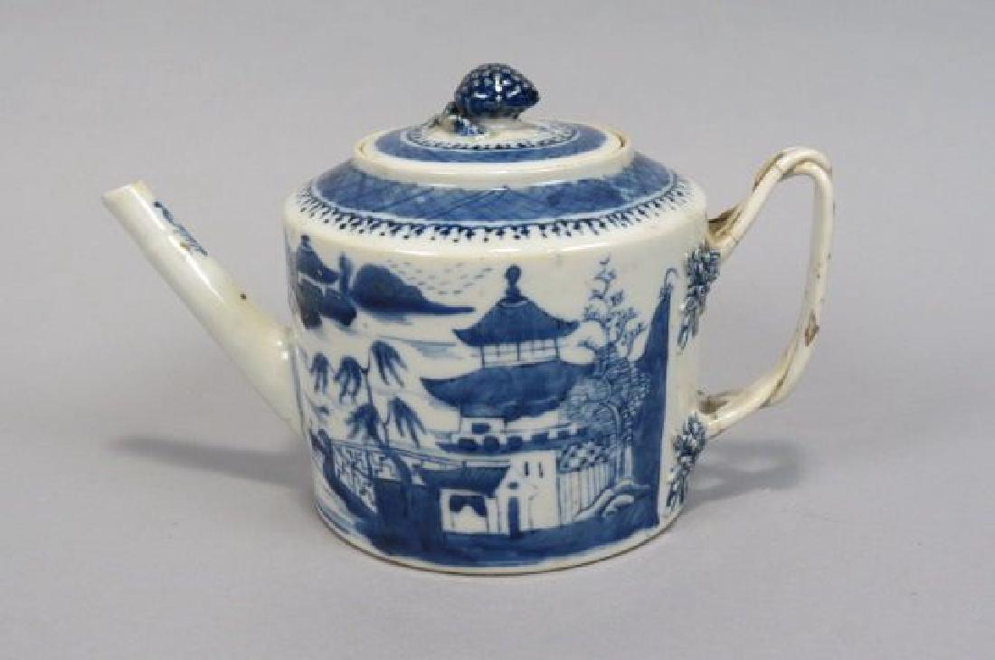 Early Chinese Blue & White Porcelain Teapot,: Early Chinese Blue & White Porcelain Teapot, old staple repairs to handle, 5".