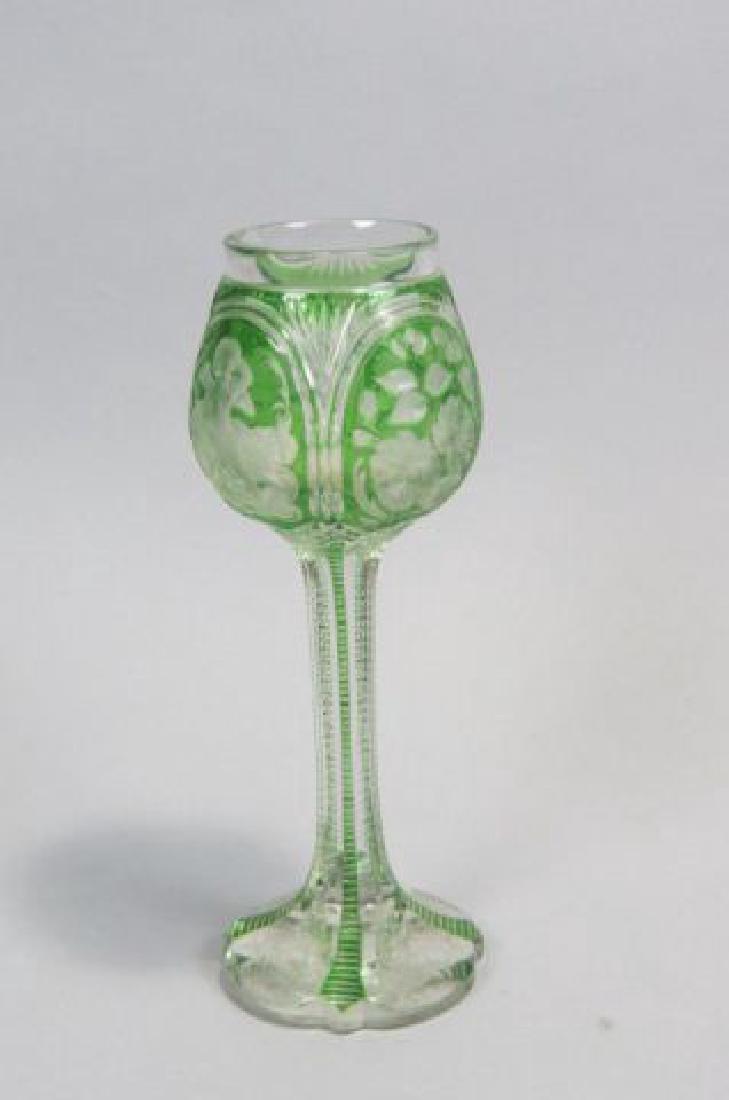 Green Overlay Cut and Engraved Glass Wine,: Green Overlay Cut and Engraved Glass Wine, scenes with cherub, bird & floral, zipper tall stem, tulip bowl, possibly Stevens & Williams, 9 1/4", outstanding!