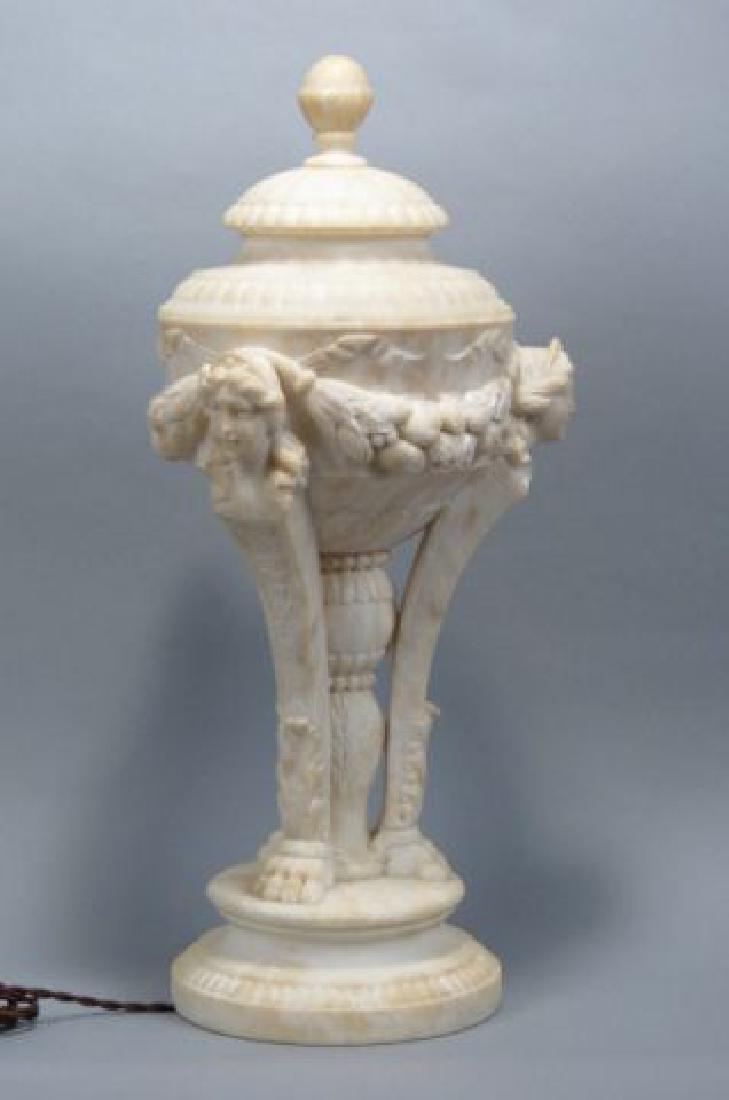 Carved Alabaster Art Nouveau Lamp,: Carved Alabaster Art Nouveau Lamp, maiden heads and urn form, 24" tall.