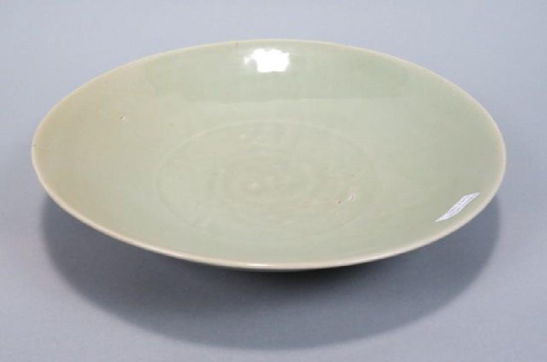 Chinese Longquan Celadon Porcelain Bowl,: Chinese Longquan Celadon Porcelain Bowl, probably Ming Dynasty, 14" diameter.