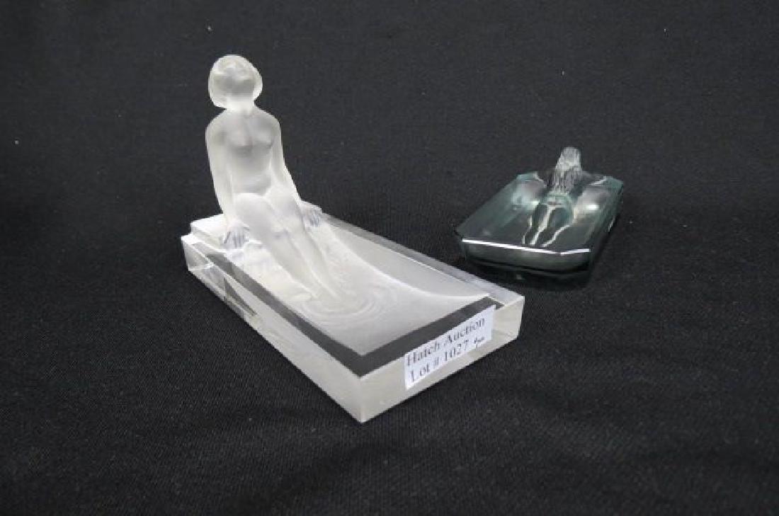 2 Hoffman Czechoslovakia Glass Nude Bather Pin: 2 Hoffman Czechoslovakia Glass Nude Bather Pin Dishes, frosted clear and smoke color, largest 3" x 6", 303.